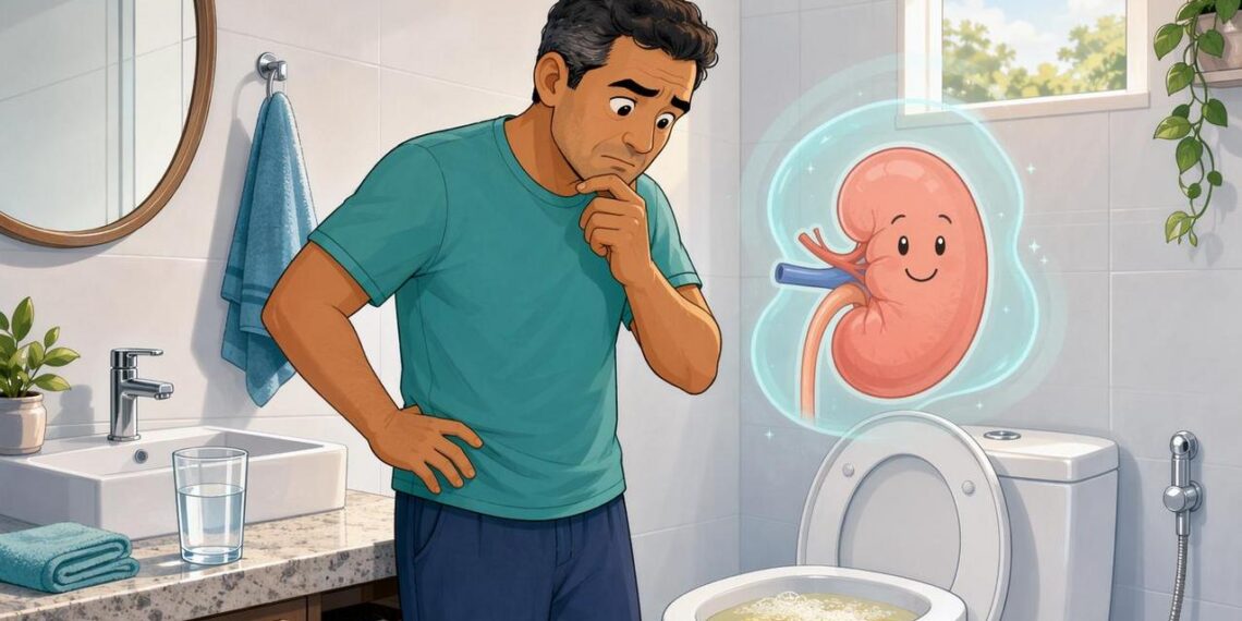 Espuma na urina com frequência nem sempre é só força do jato: às vezes é um sinal precoce de perda de proteína pelos rins