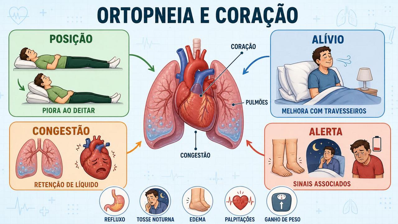 Posição, alívio, congestão e sinais associados ajudam a reconhecer a ortopneia.