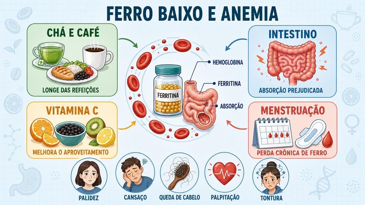 Infográfico resume fatores que reduzem ferro e sinais comuns de anemia.
