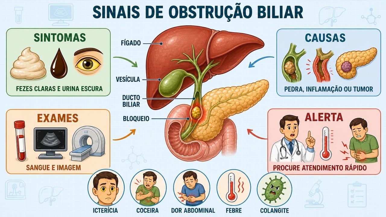 Sintomas, causas, exames e alertas ajudam a reconhecer obstrução biliar.