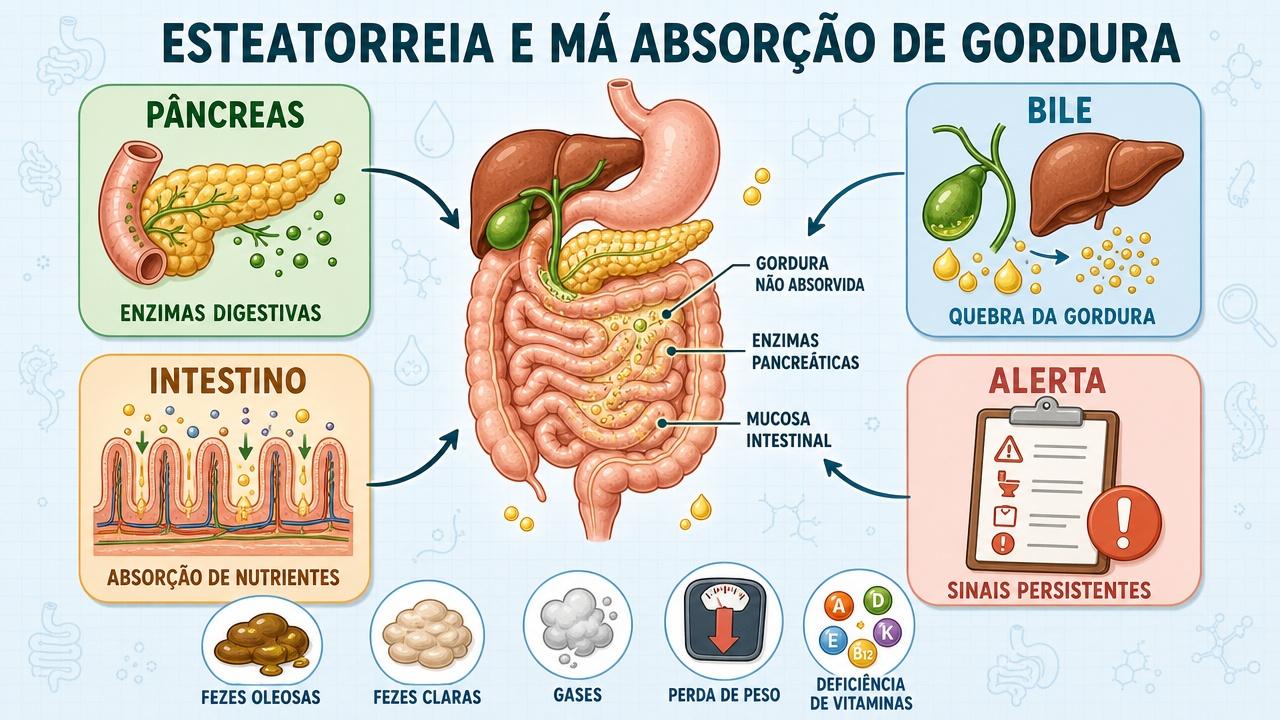 Infográfico resume pâncreas, bile, intestino e sinais de alerta da esteatorreia.