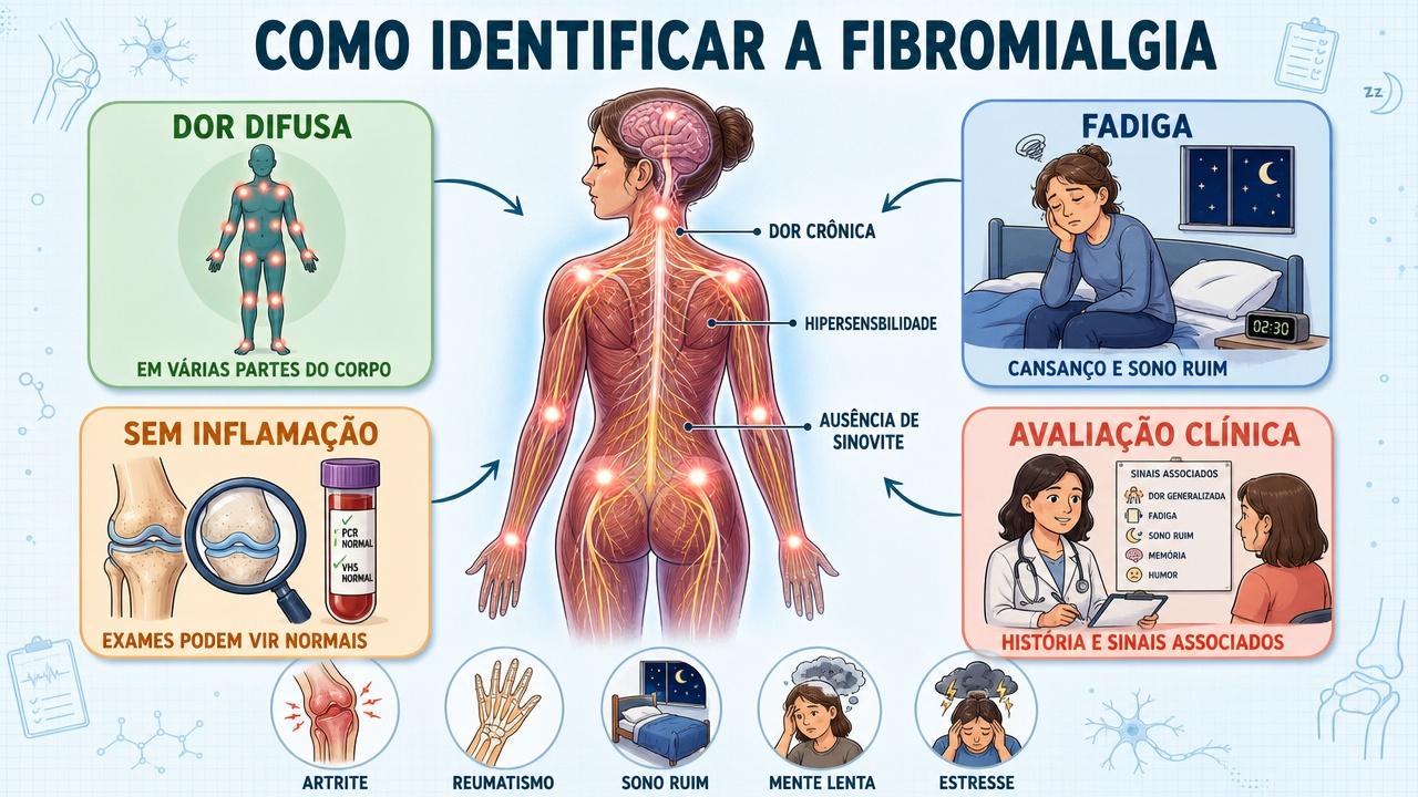 Infográfico resume sinais-chave para diferenciar fibromialgia, artrite e reumatismo.