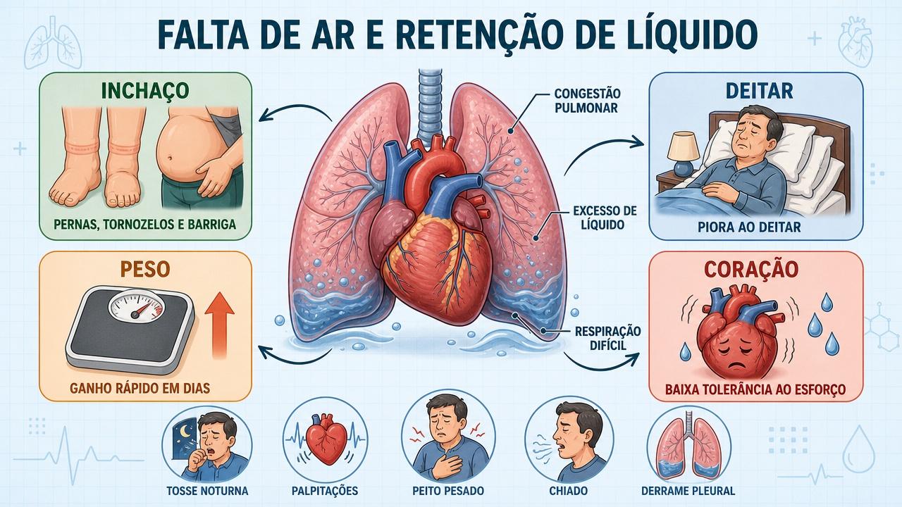 Inchaço, piora ao deitar, ganho de peso e coração formam pilares do quadro.