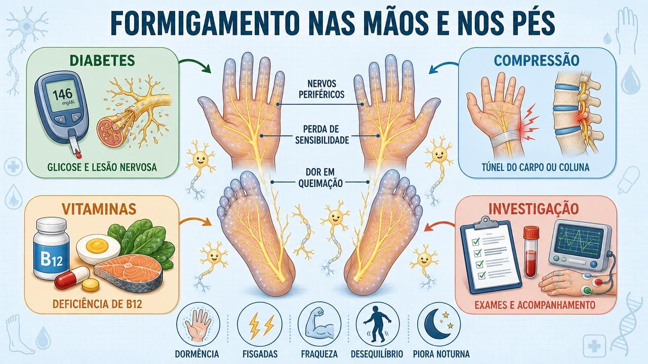 Diabetes, compressão, vitaminas e investigação orientam a avaliação do formigamento.