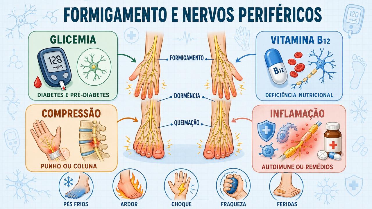 Glicemia, B12, compressão e inflamação estão entre causas do formigamento persistente.