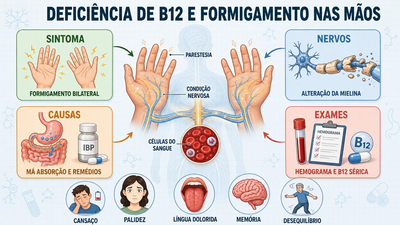 Infográfico resume sintomas, causas, exames e efeitos neurológicos da deficiência de B12.