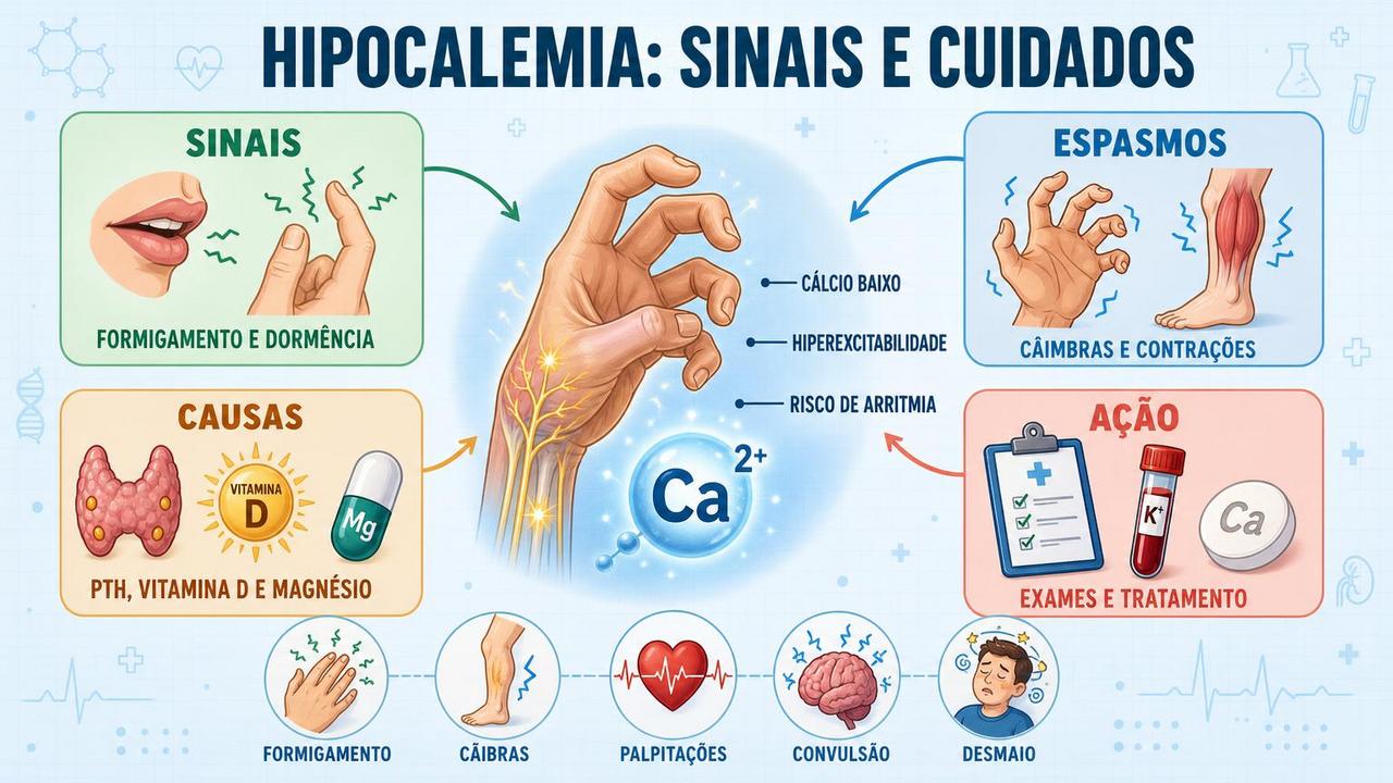 Infográfico resume sinais, causas, riscos e condutas diante da hipocalcemia.