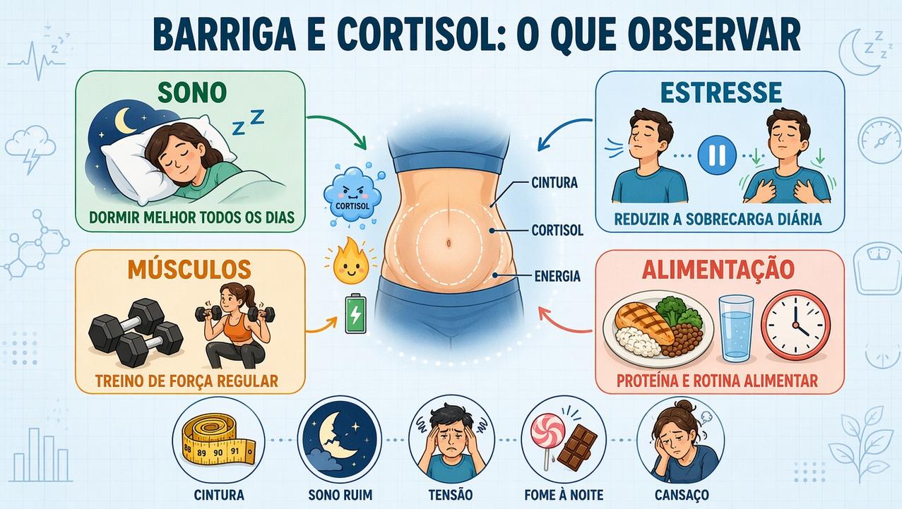 Sono, estresse, músculos e alimentação influenciam gordura abdominal ligada ao cortisol.