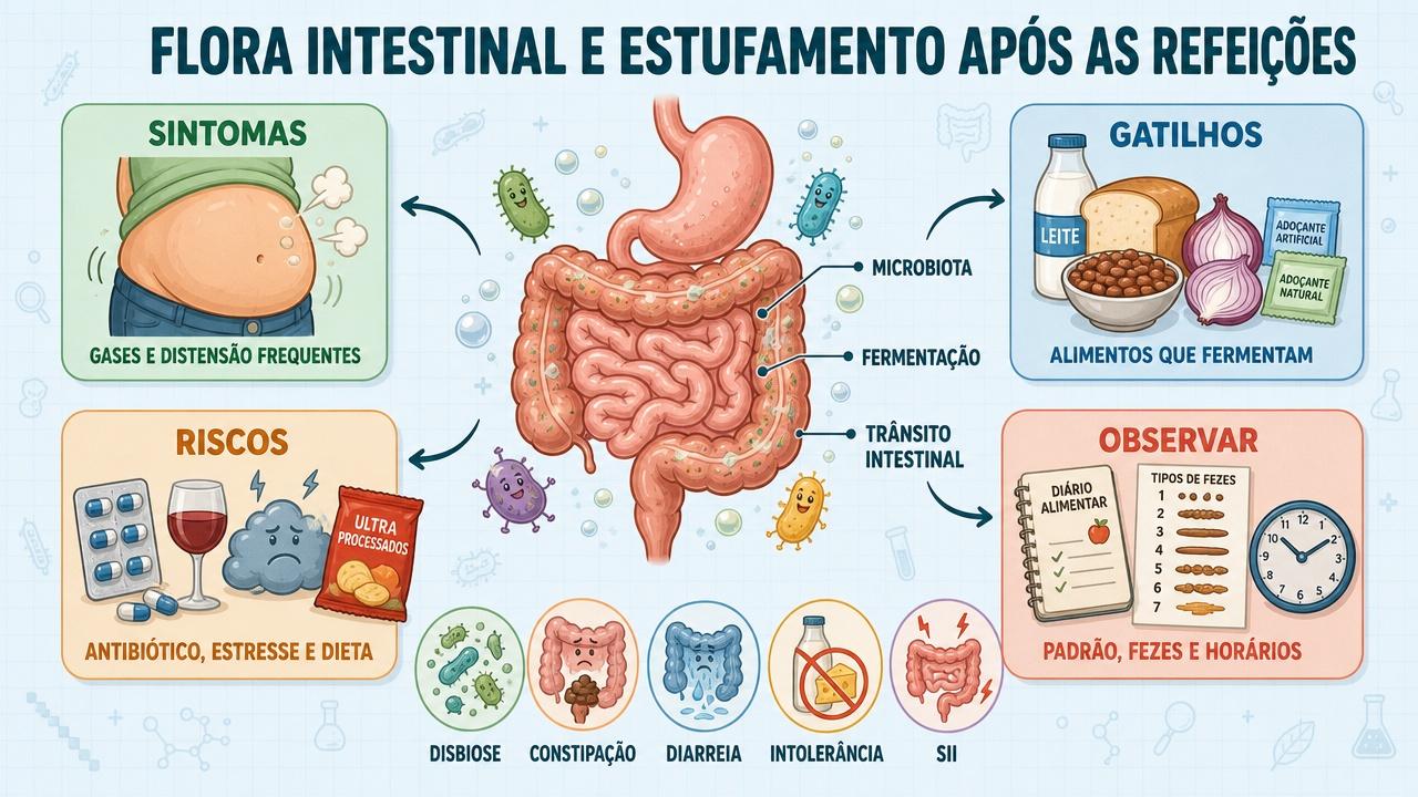 Infográfico mostra sintomas, gatilhos, riscos e sinais para observar no intestino.