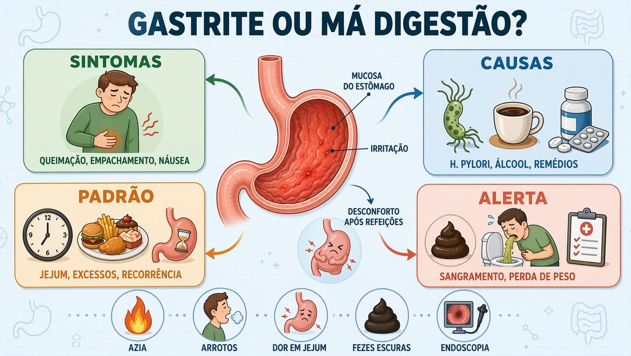 Infográfico resume sintomas, causas, padrão e sinais de alerta gástricos.