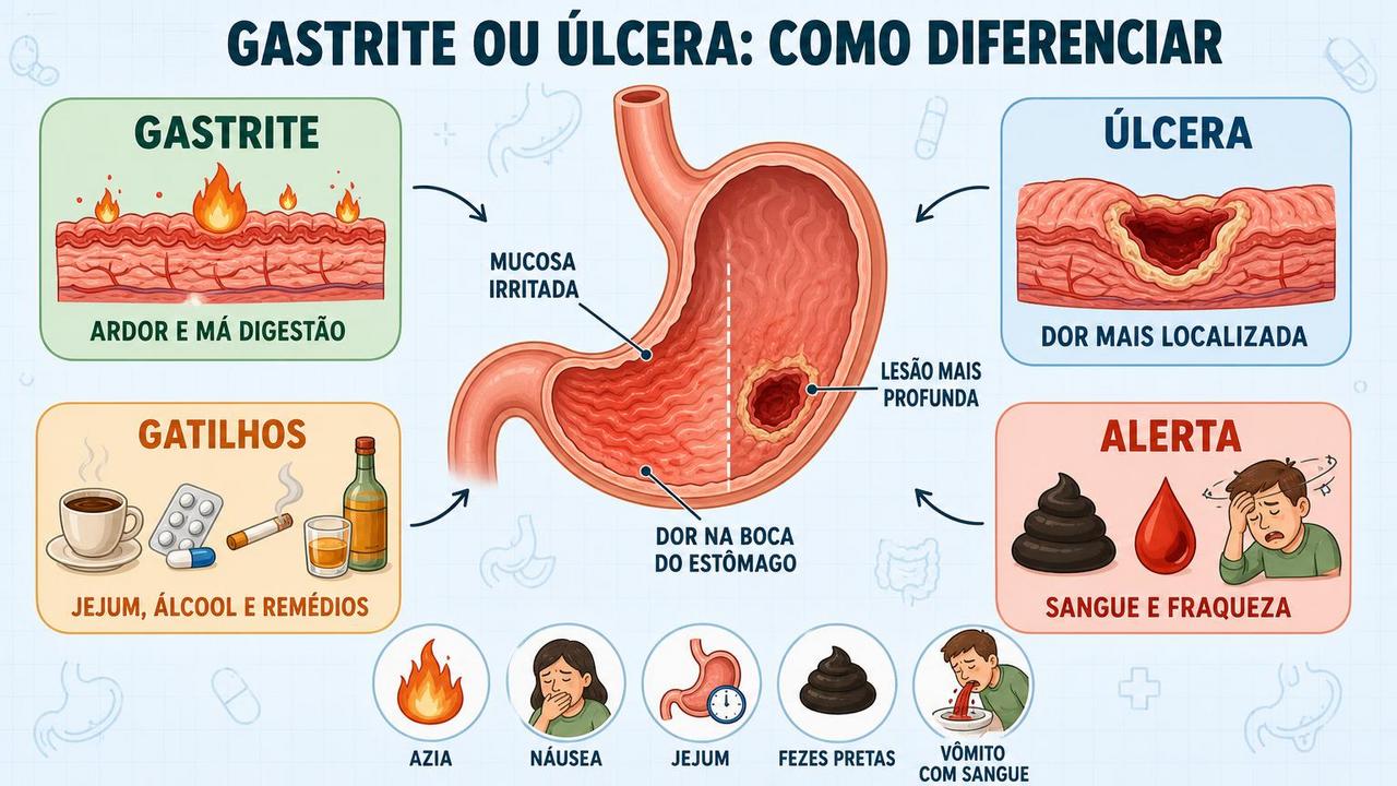Infográfico mostra diferenças entre gastrite, úlcera, gatilhos e sinais de alerta.