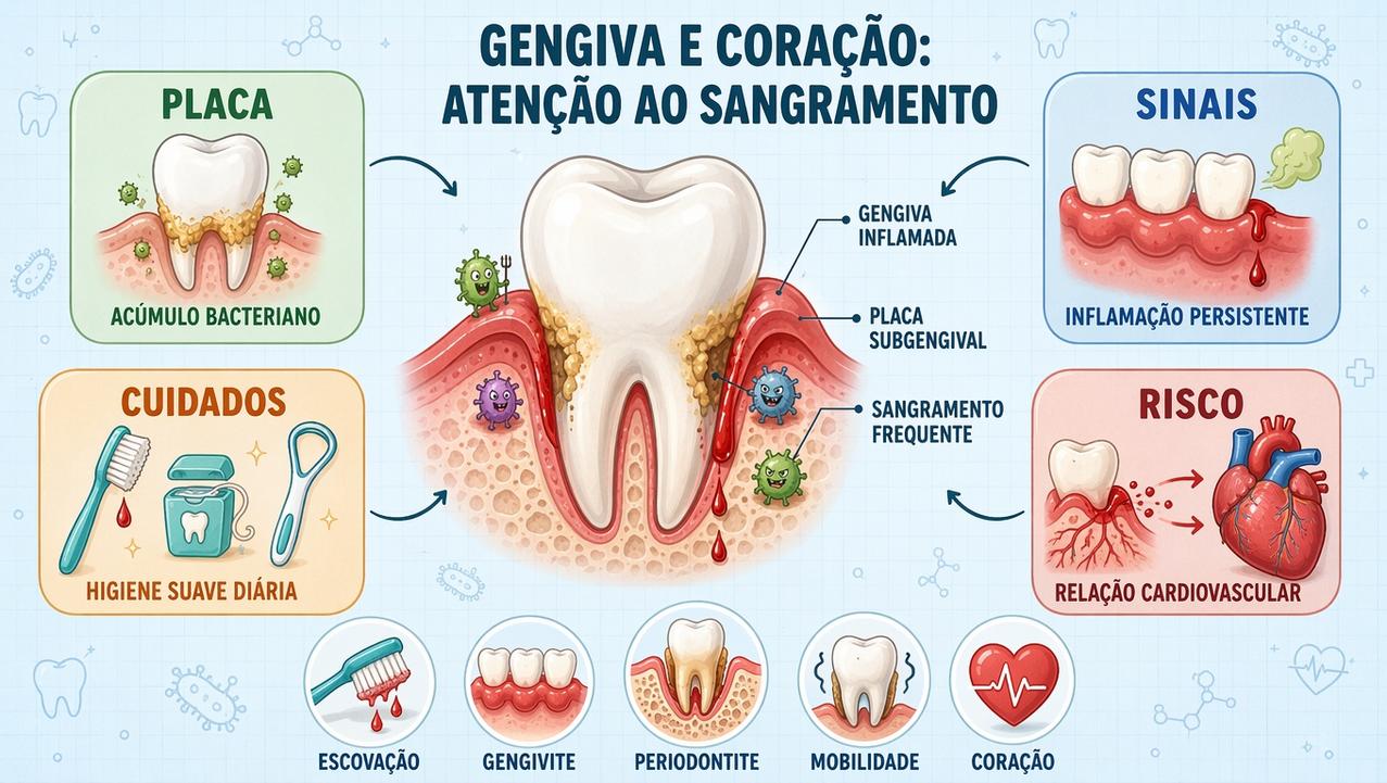 Placa, sinais, cuidados e risco cardiovascular resumem os pilares do sangramento gengival.
