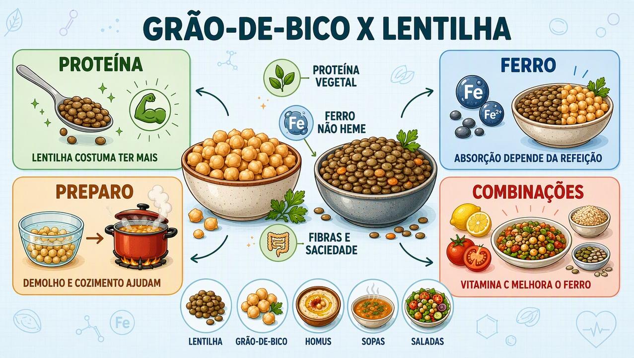 Infográfico mostra proteína, ferro, preparo e combinações para aproveitar melhor leguminosas.