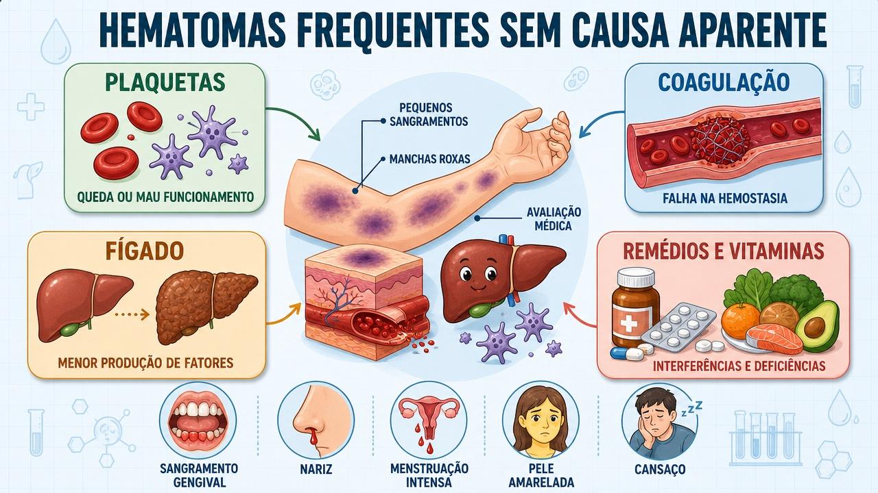 Plaquetas, coagulação, fígado e medicamentos explicam muitos hematomas recorrentes.