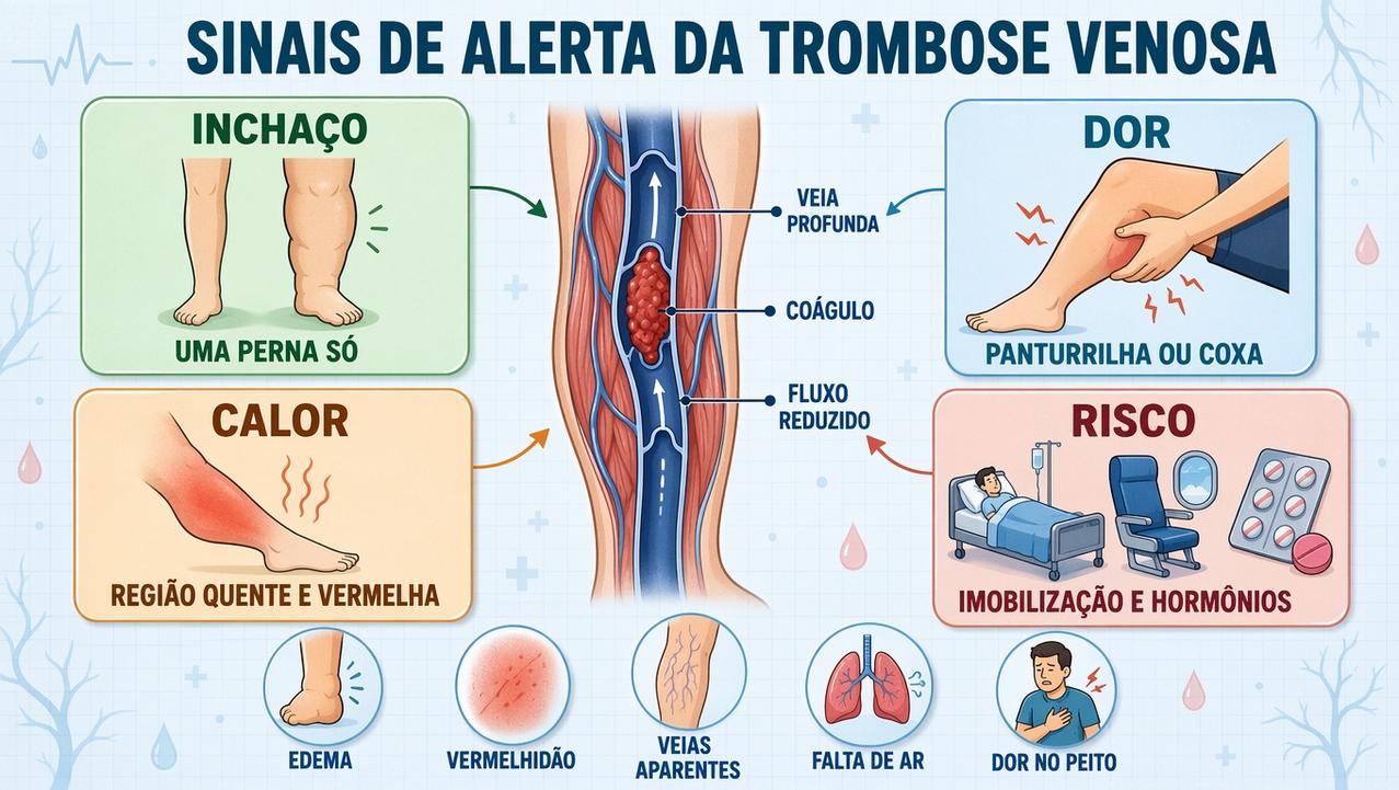 Infográfico resume sinais de alerta, fatores de risco e suspeita de trombose.