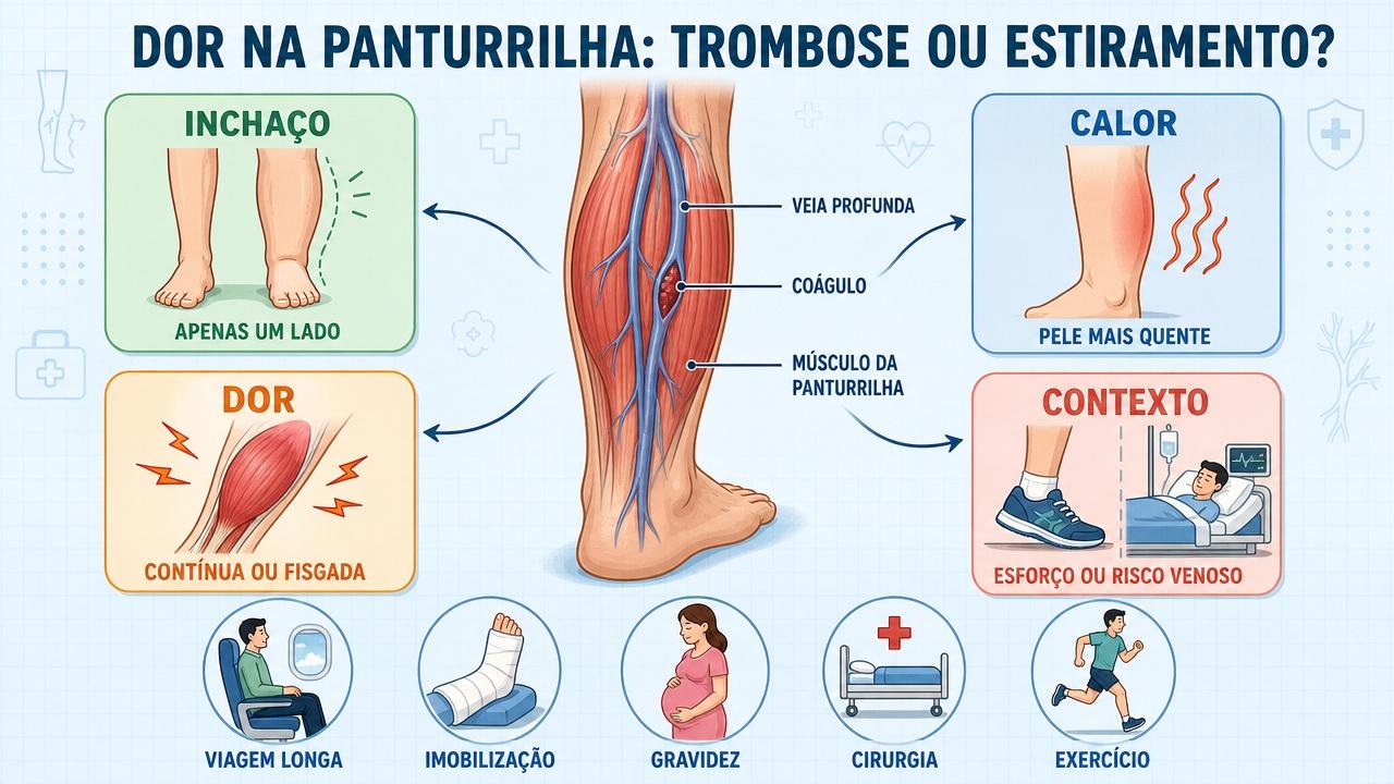 Infográfico resume sinais-chave e contextos que diferenciam trombose de estiramento.