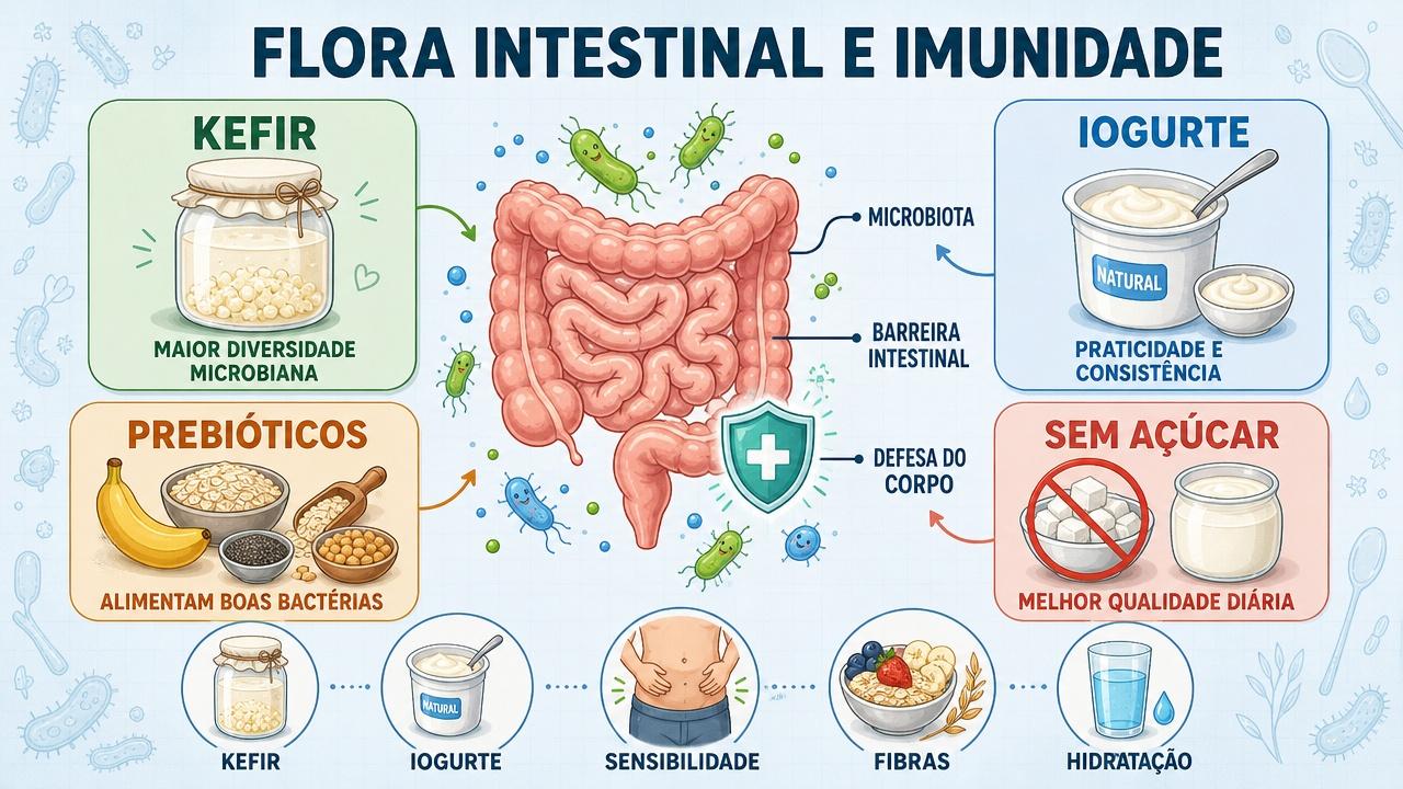 Infográfico resume fermentados, prebióticos, menos açúcar e equilíbrio da microbiota.