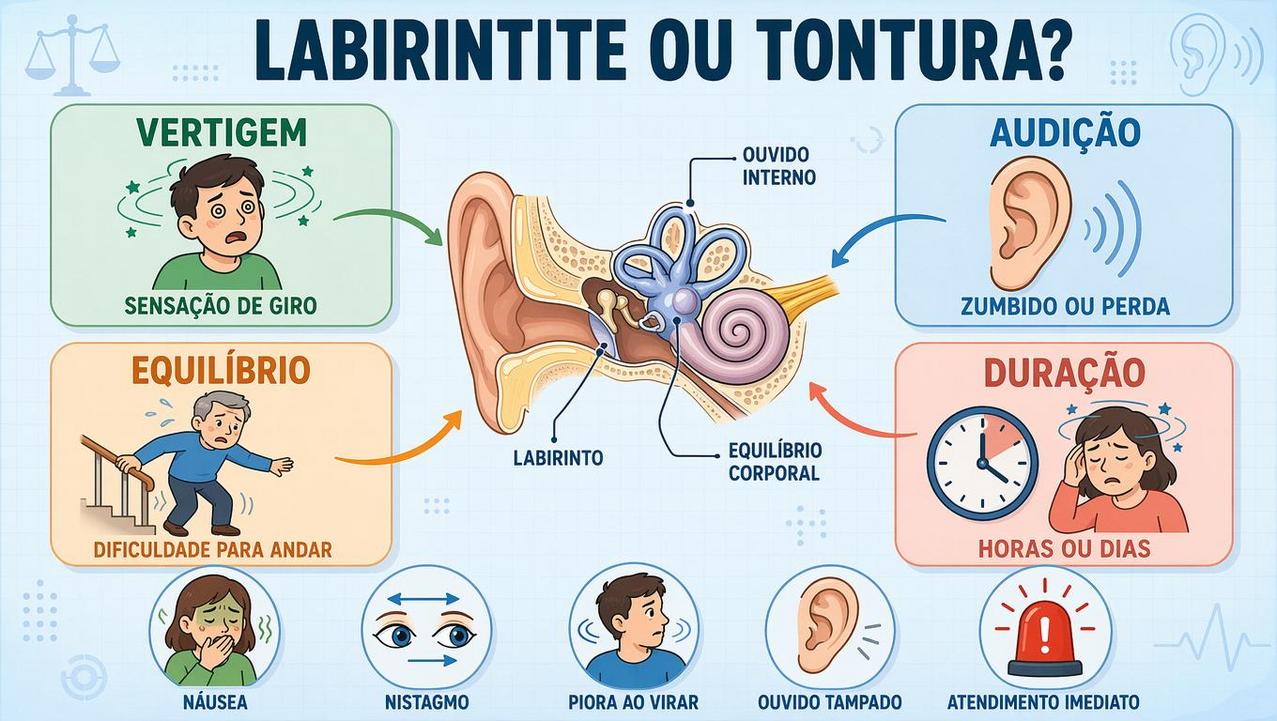 Infográfico resume sinais que diferenciam labirintite de uma tontura inespecífica.
