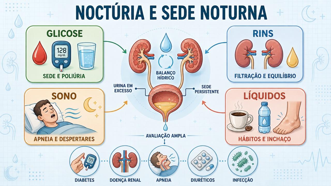 Glicose, rins, sono e líquidos ajudam a explicar noctúria com sede.