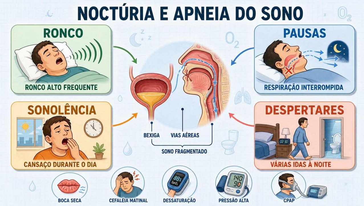 Ronco, pausas, sonolência e despertares ajudam a relacionar noctúria à apneia.
