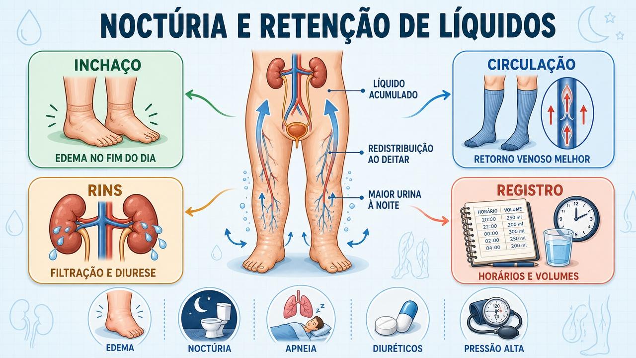 Infográfico resume edema, circulação, rins e registro dos episódios de noctúria.