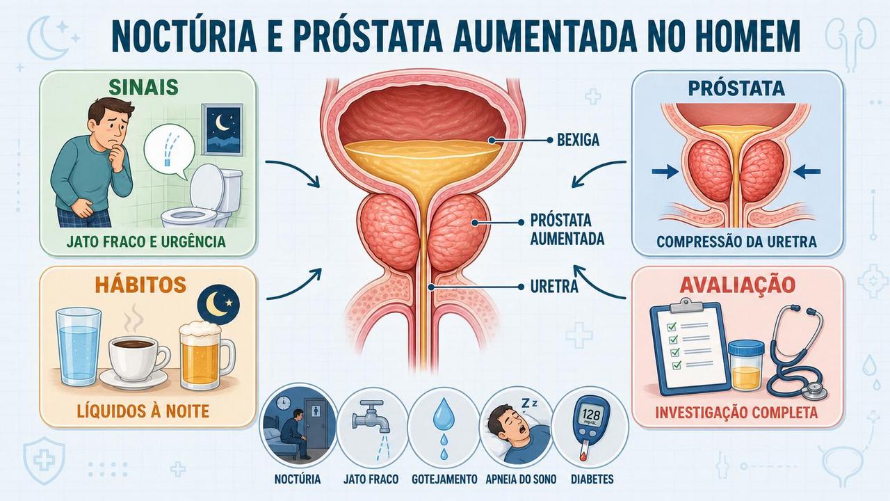 Infográfico resume sinais, próstata, hábitos e avaliação da noctúria masculina.