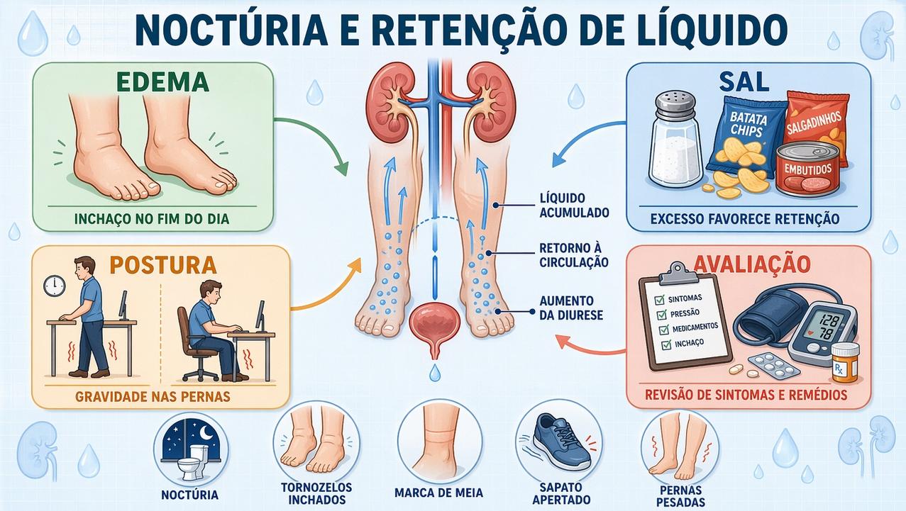 Infográfico mostra edema, sal, postura e avaliação ligados à noctúria.