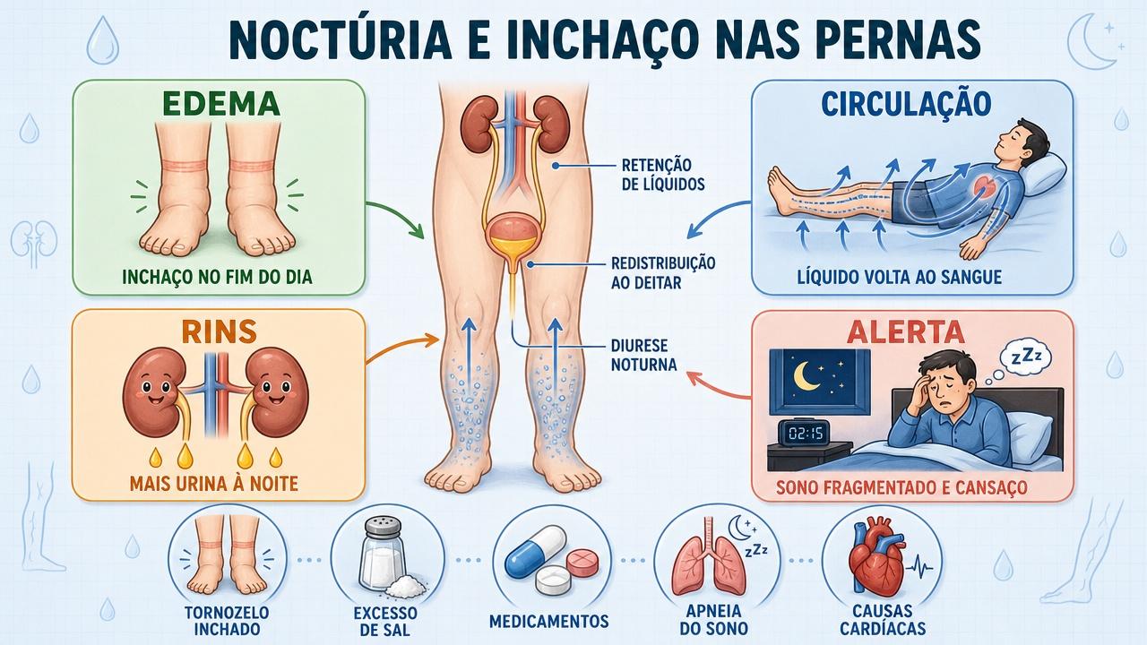 Edema, circulação, rins e sinais de alerta explicam a noctúria noturna.