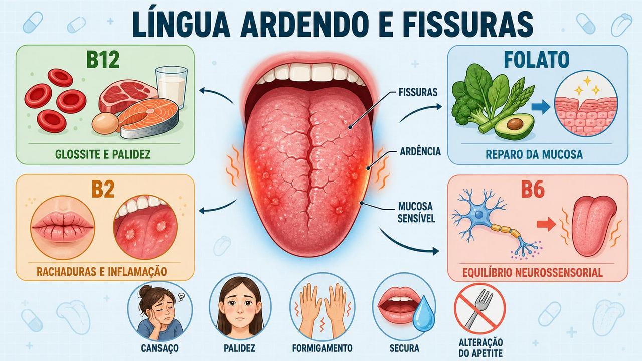B12, folato, B2 e B6 ajudam a proteger língua e mucosa oral.