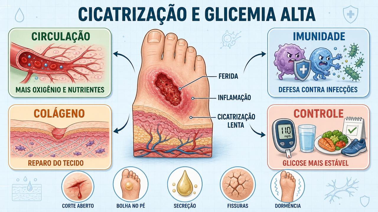 Circulação, imunidade, colágeno e controle glicêmico influenciam a cicatrização.