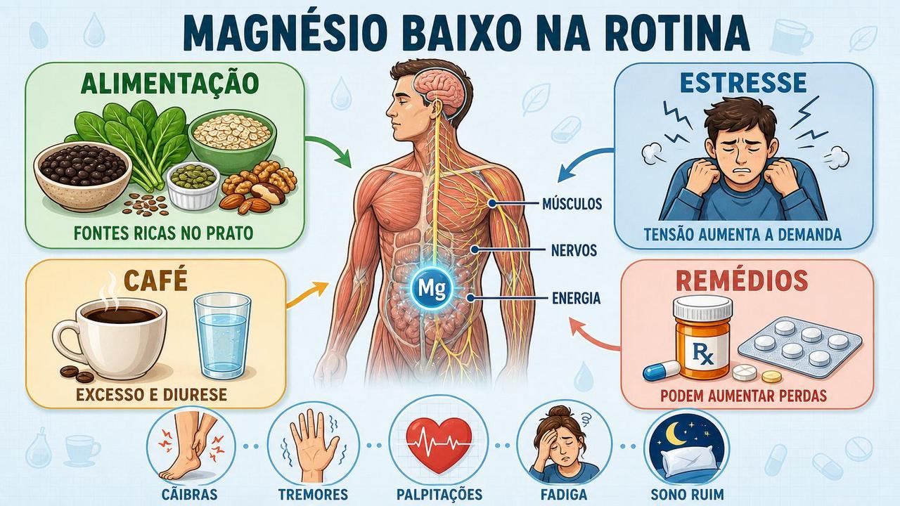 Infográfico resume alimentação, estresse, café e remédios ligados à queda do magnésio.
