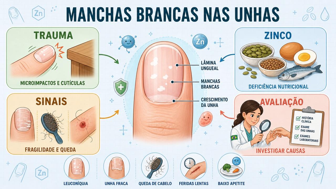 Infográfico resume trauma, zinco, sinais associados e avaliação das manchas ungueais.