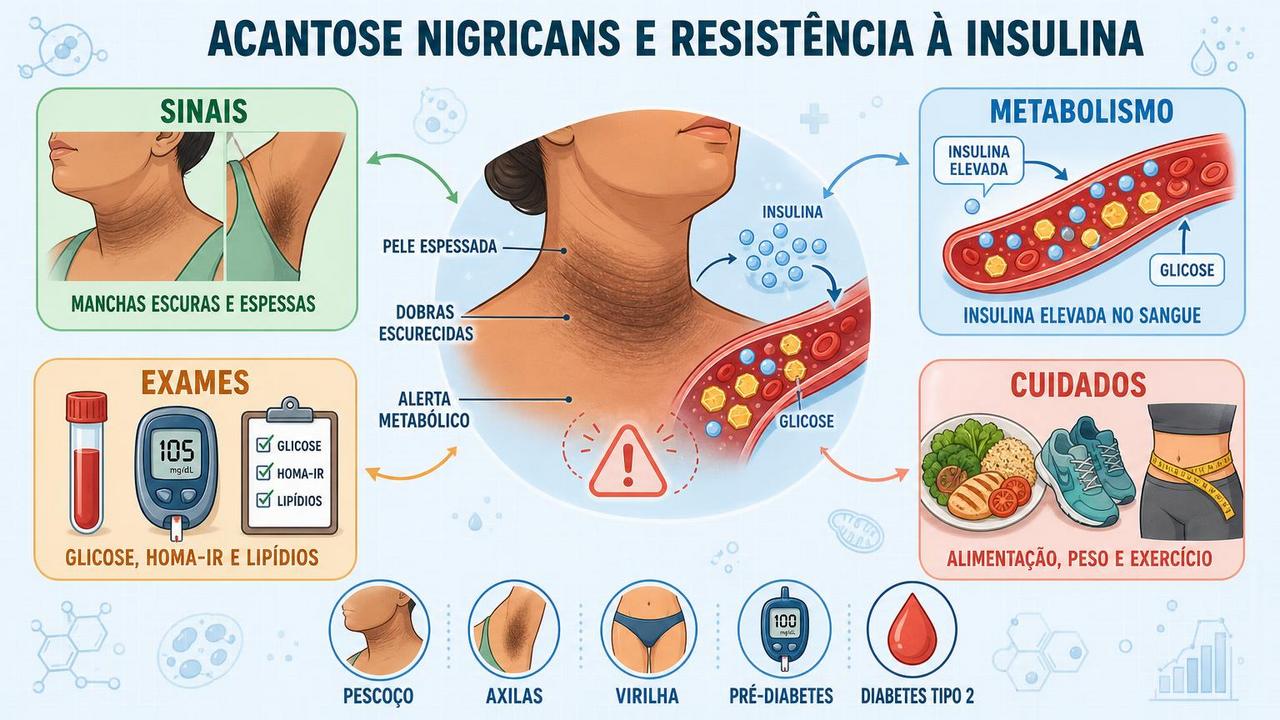 Infográfico resume sinais, metabolismo, exames e cuidados na acantose nigricans.