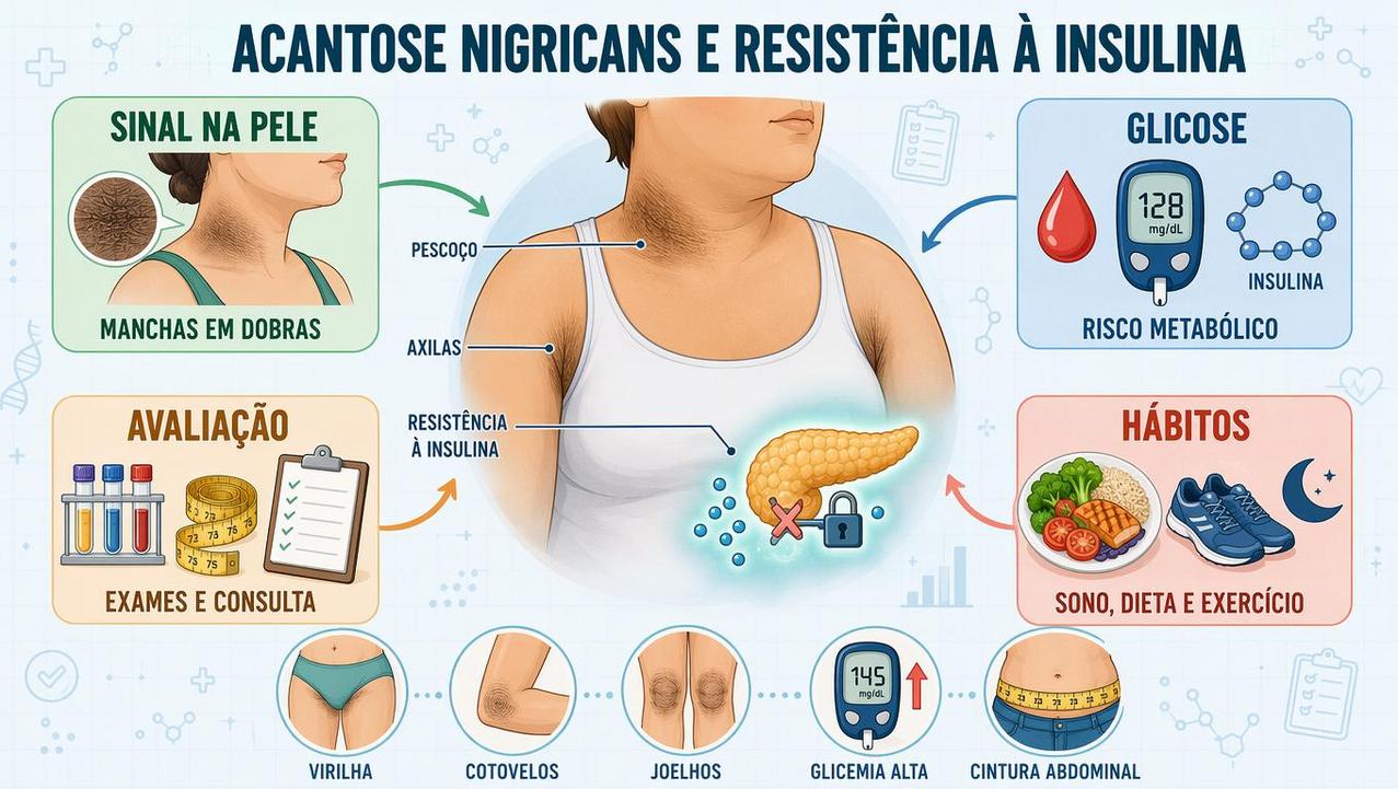 Infográfico resume sinais, exames, risco metabólico e hábitos na acantose nigricans.