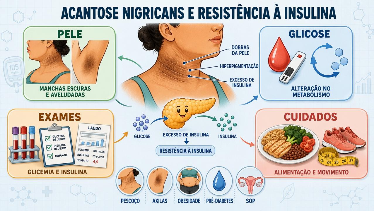 Infográfico resume pele, glicose, exames e cuidados na acantose nigricans.
