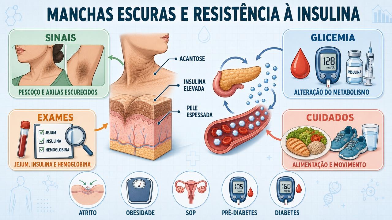Infográfico resume sinais, exames, glicemia e cuidados nas manchas associadas à acantose.