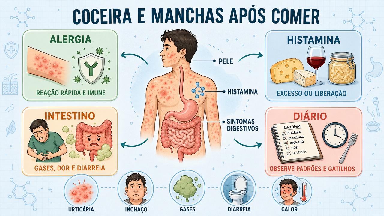 Infográfico resume alergia, histamina, intestino e diário alimentar na investigação.