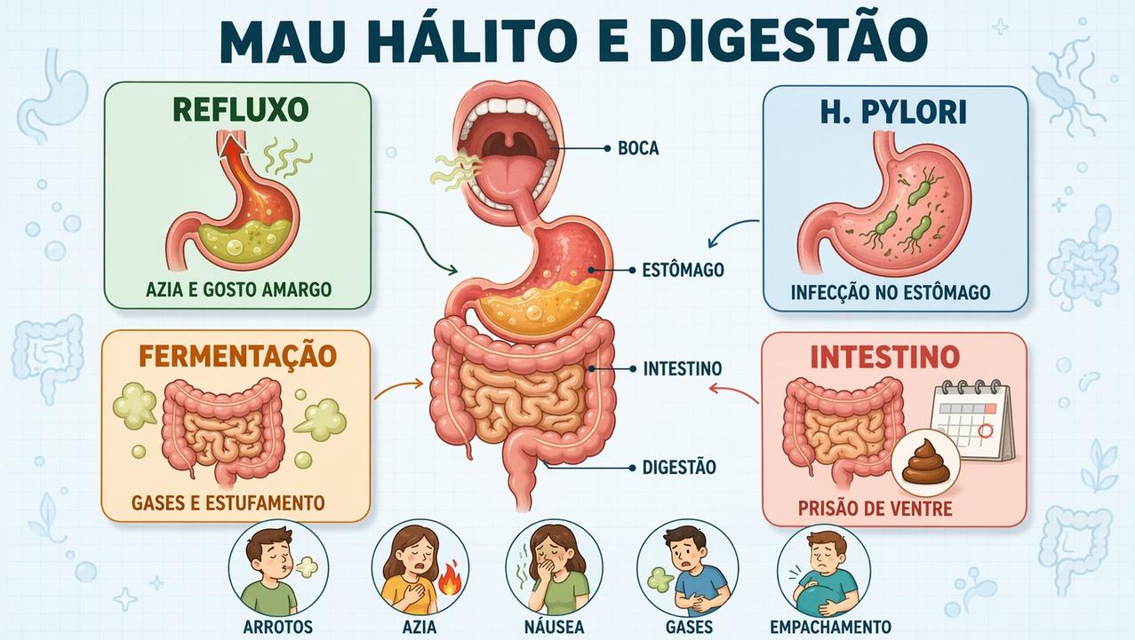 Refluxo, H. pylori, fermentação e intestino preso podem influenciar a halitose.