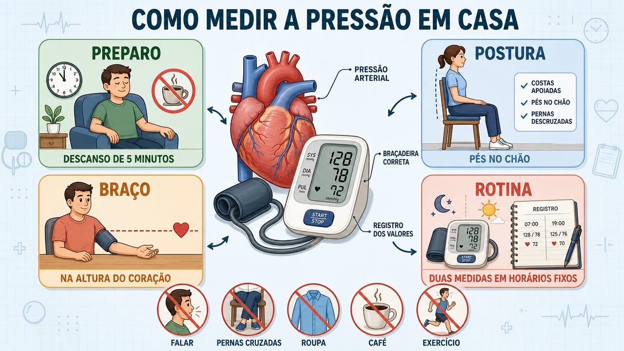 Preparo, postura, braço e rotina reduzem erros na medição domiciliar.