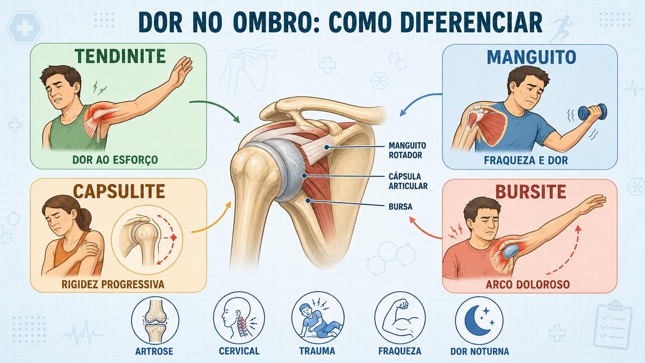 Infográfico resume tendinite, manguito, capsulite e bursite na dor no ombro.
