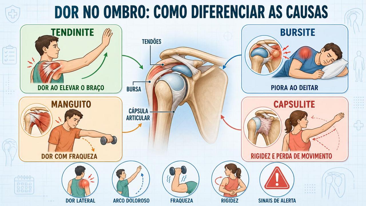Infográfico resume sinais de tendinite, bursite, manguito rotador e capsulite.