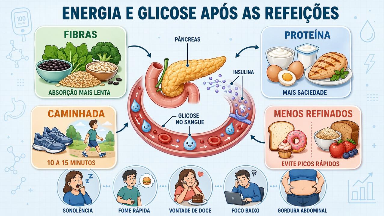 Fibras, proteína, caminhada e menos refinados ajudam a estabilizar a glicose.