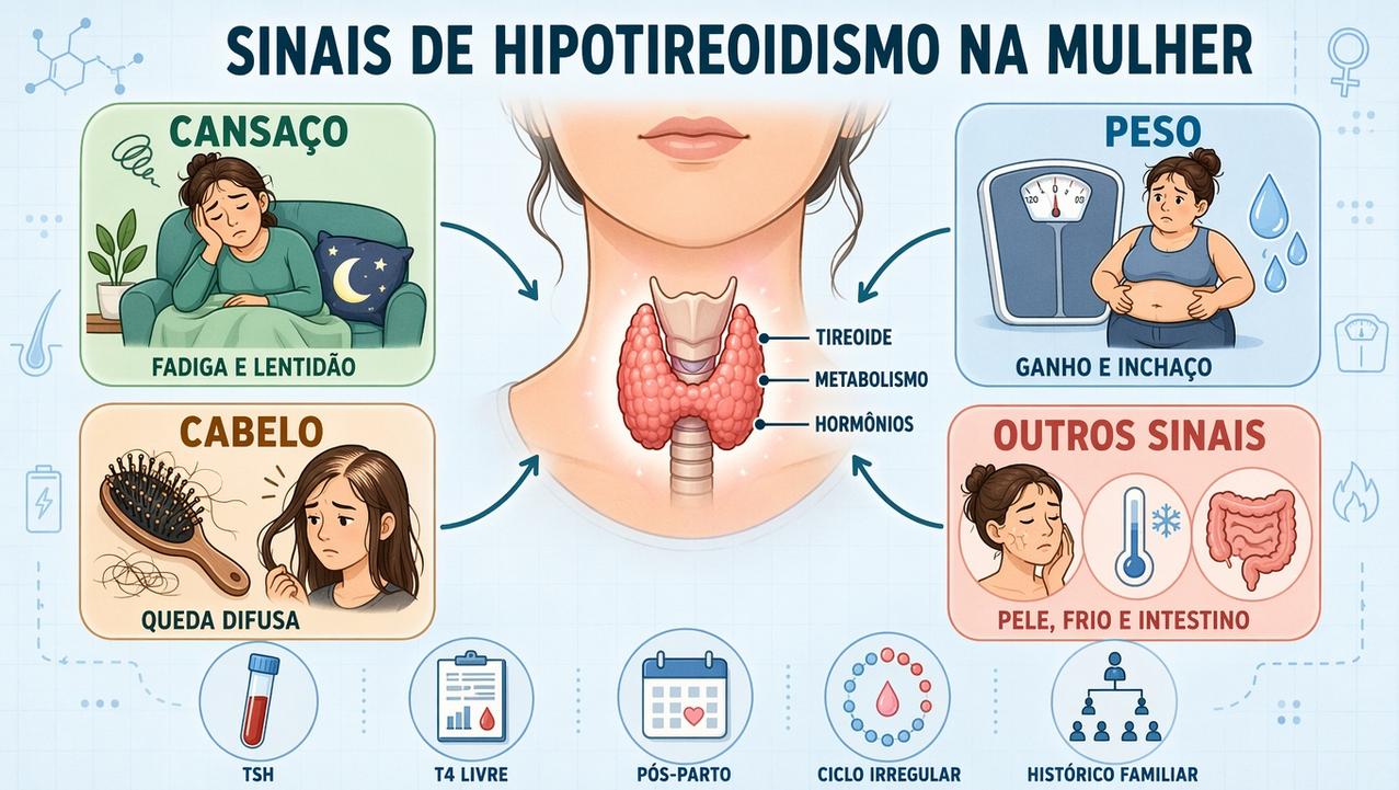 Infográfico resume os principais sinais e contextos clínicos do hipotireoidismo na mulher.