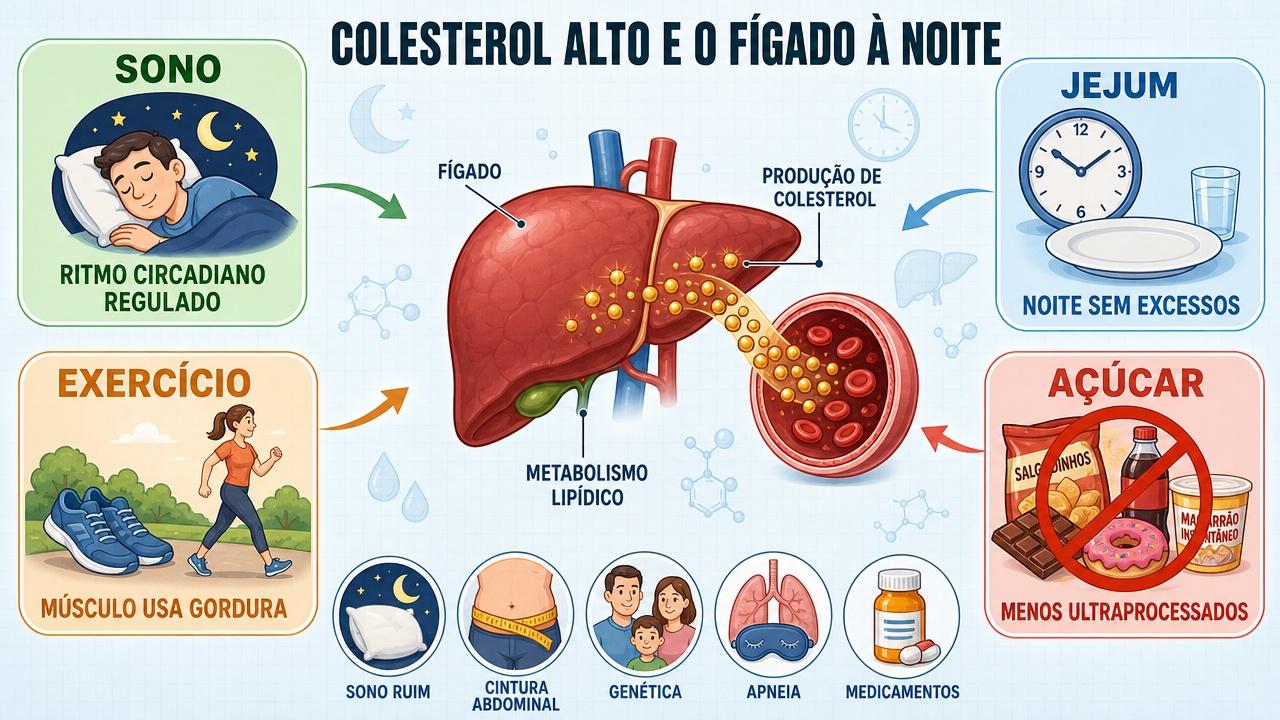Sono, jejum, exercício e açúcar afetam a produção hepática de colesterol.