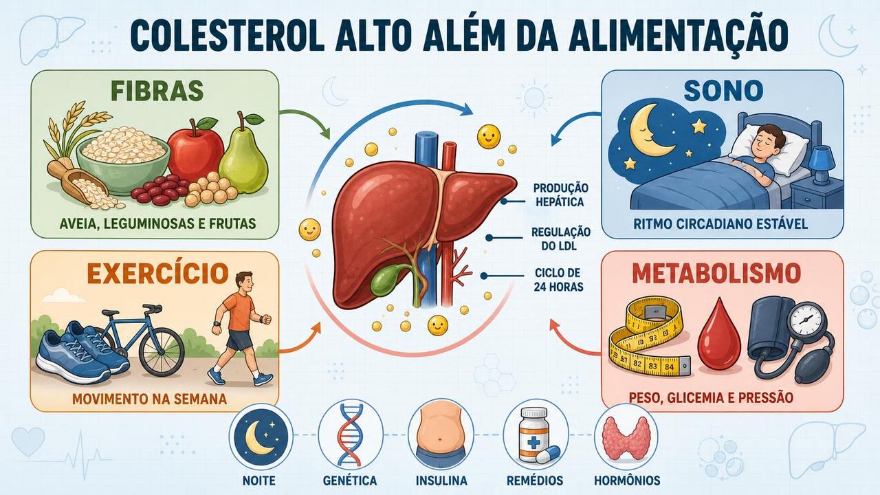 Fibras, sono, exercício e metabolismo influenciam o controle do colesterol alto.