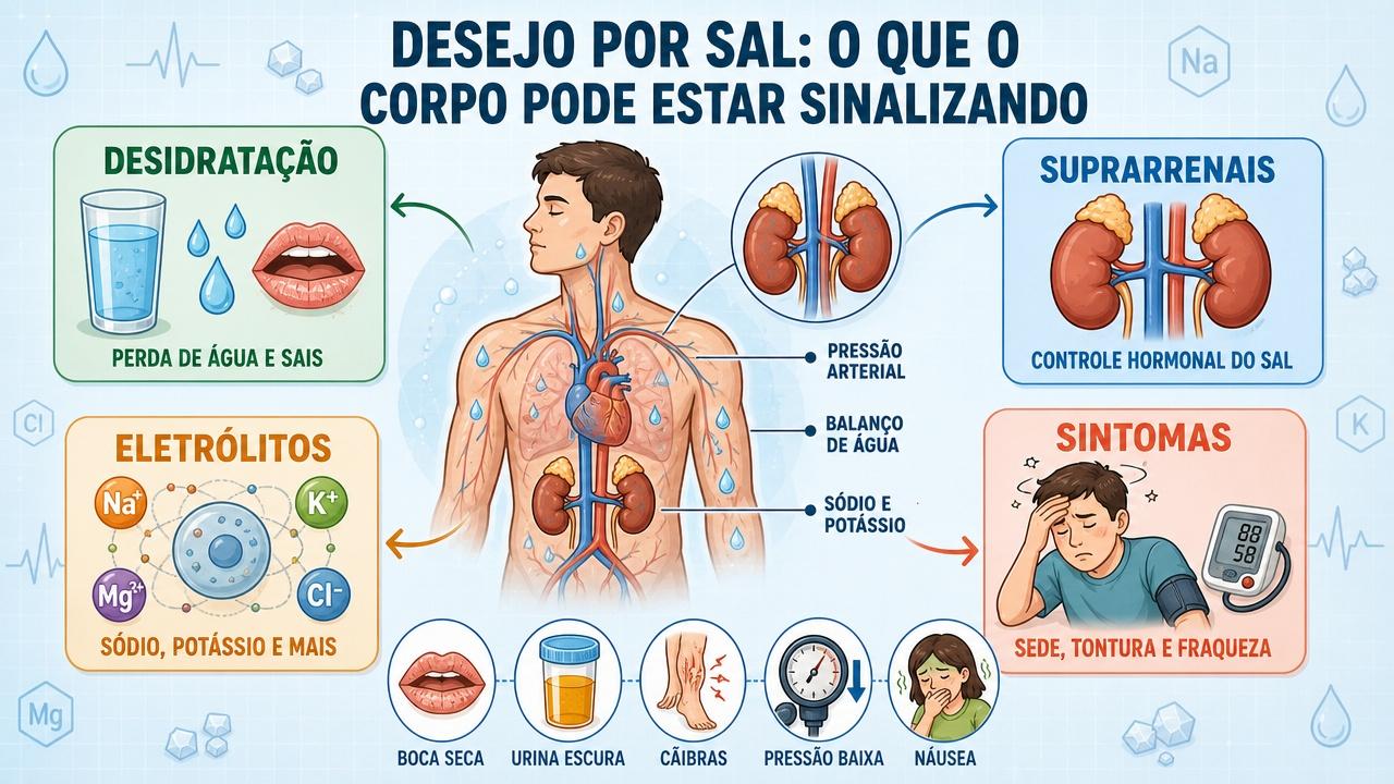 Infográfico resume desidratação, suprarrenais, eletrólitos e sintomas ligados ao desejo por sal.