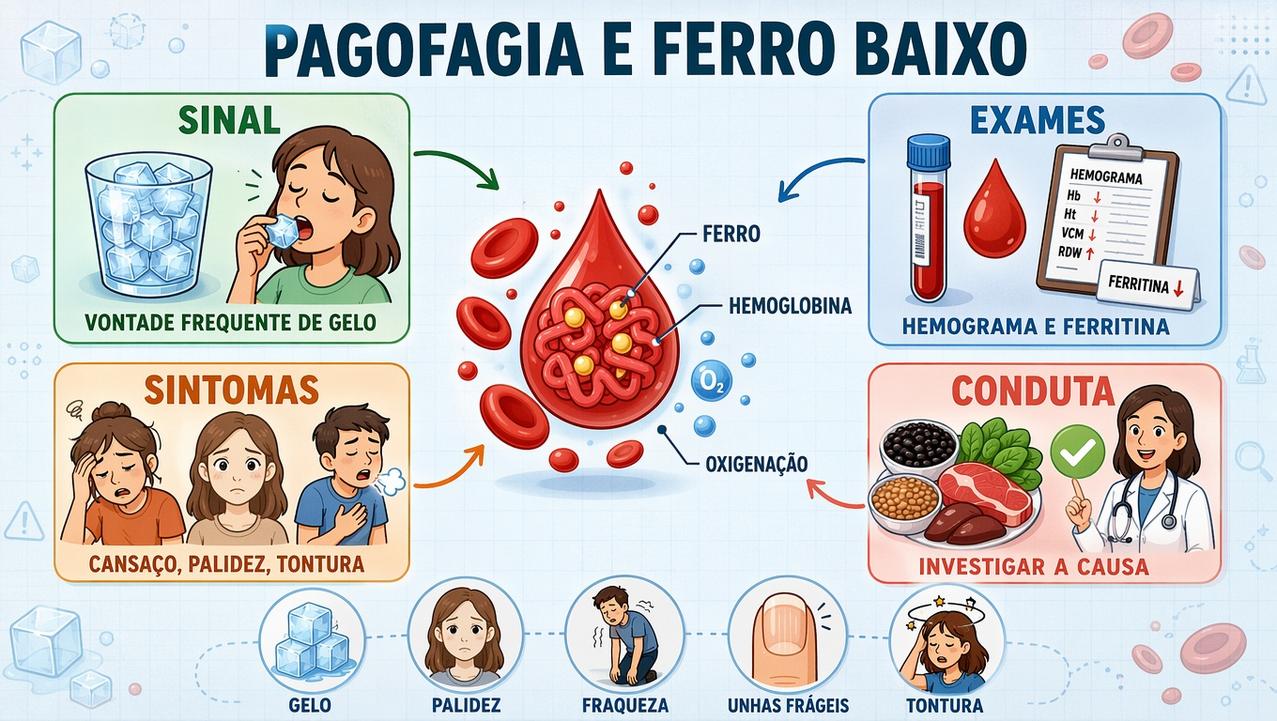 Pagofagia, sintomas, exames e conduta resumem os principais alertas da deficiência de ferro.