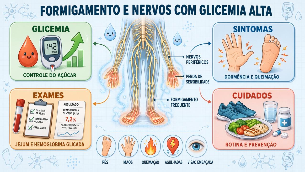 Infográfico resume glicemia, sintomas, exames e cuidados contra neuropatia periférica.