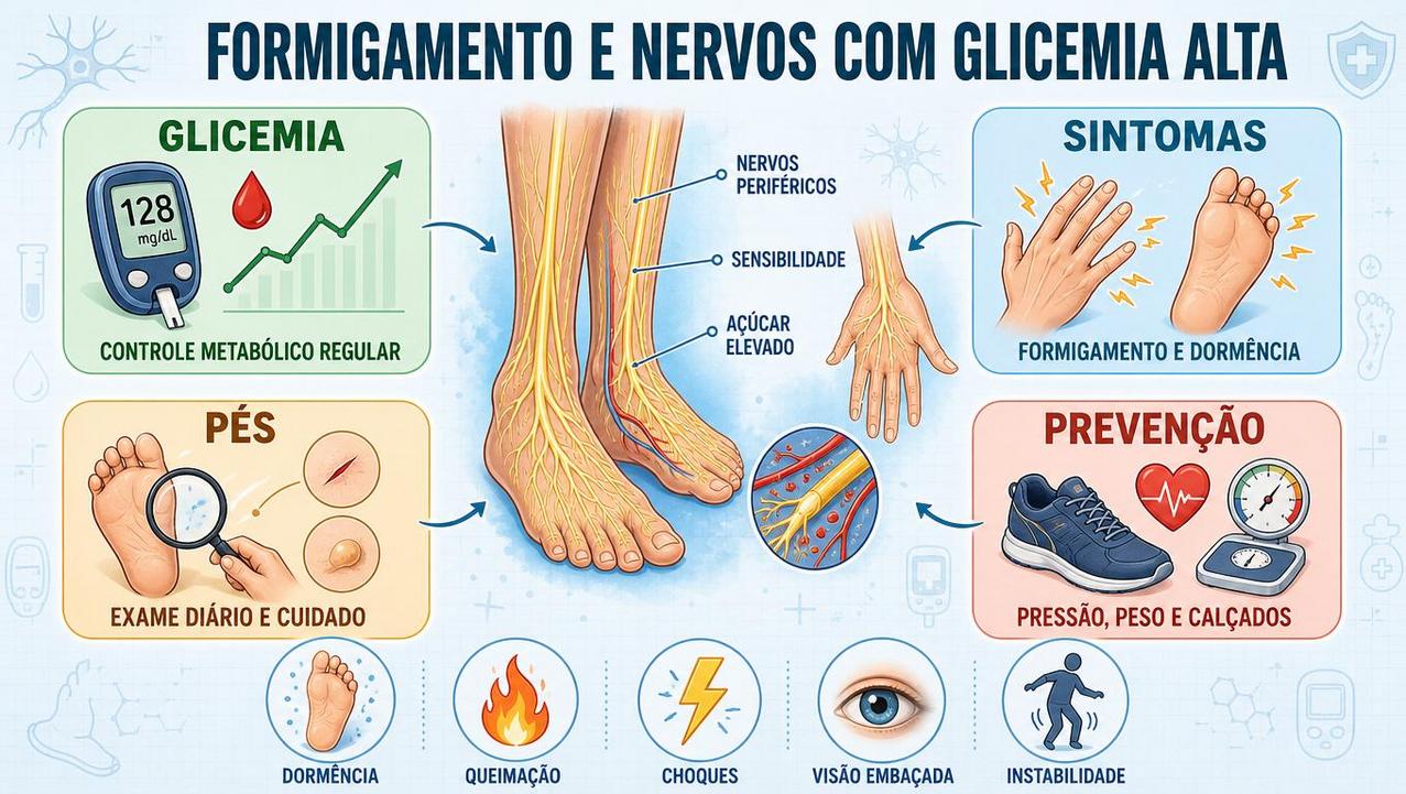 Infográfico resume sintomas, controle da glicemia, cuidado com os pés e prevenção.