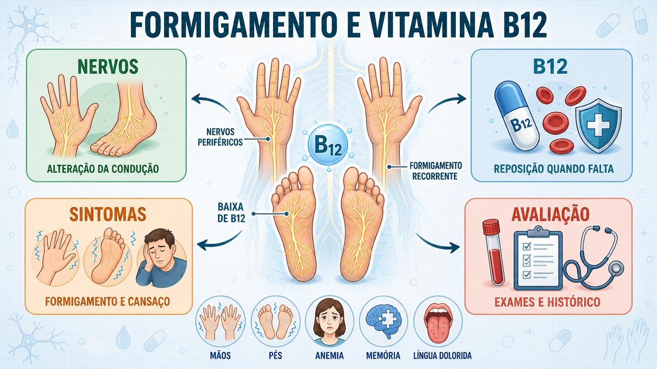 Infográfico resume nervos, vitamina B12, sintomas associados e avaliação clínica adequada.